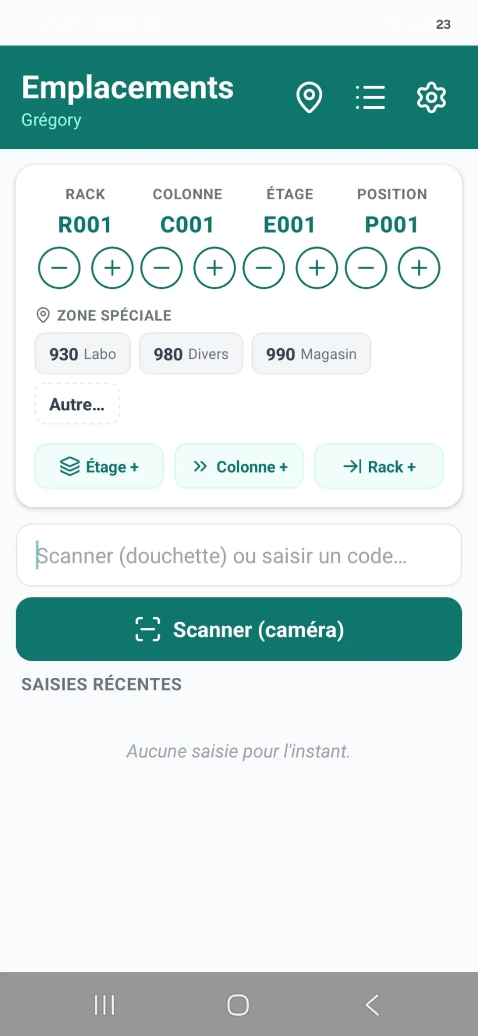 Capture d'écran customLocations — saisie d'emplacement d'entrepôt par scan (rack, colonne, étage, position)
