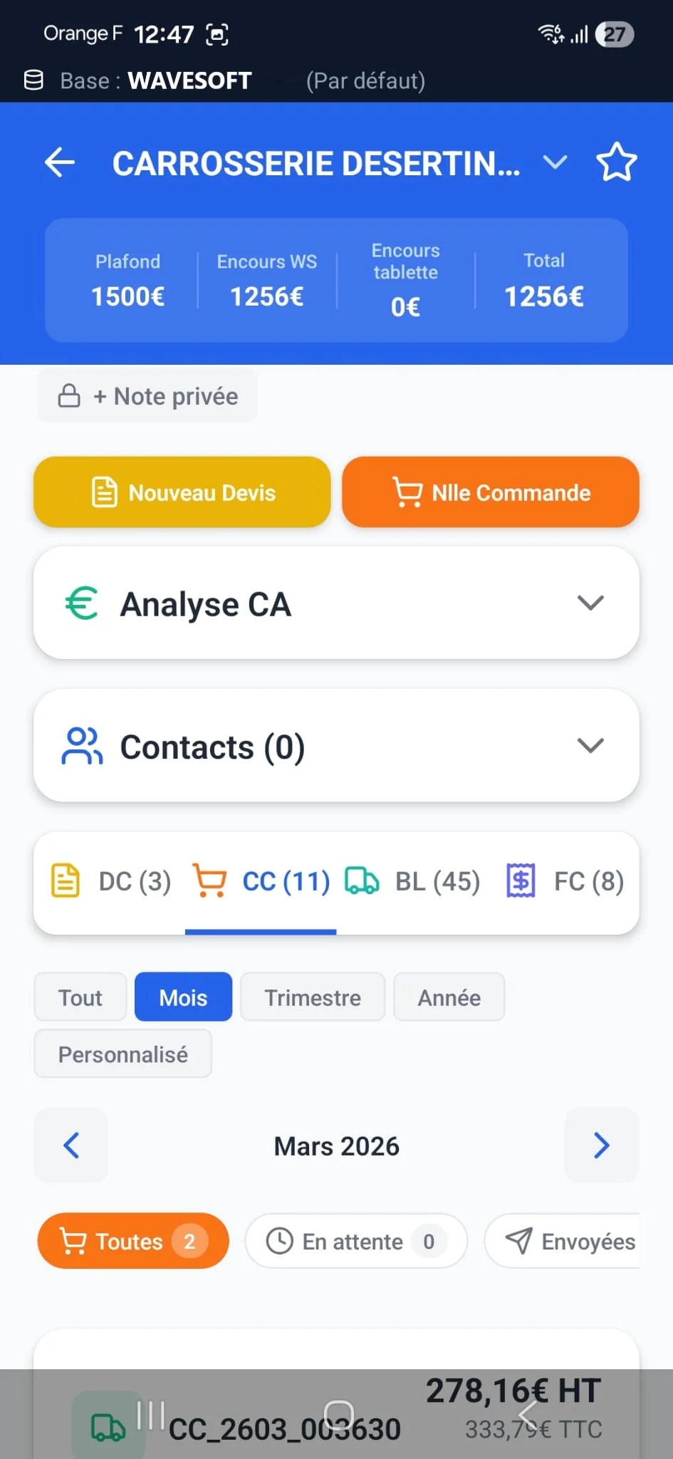 Capture d'écran customSales — fiche client avec encours, devis et commandes